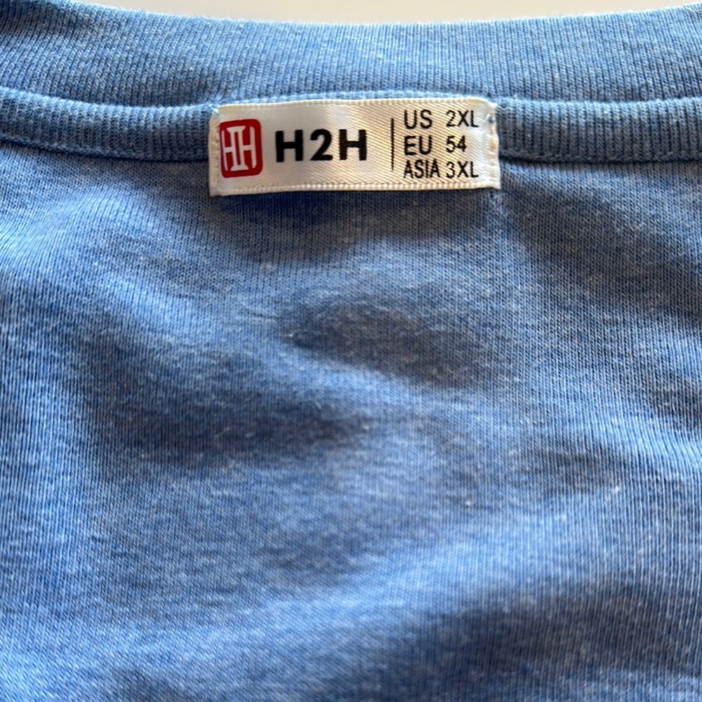 H2H Blue T-Shirt- leather chest patch and decorative buttons on shoulders